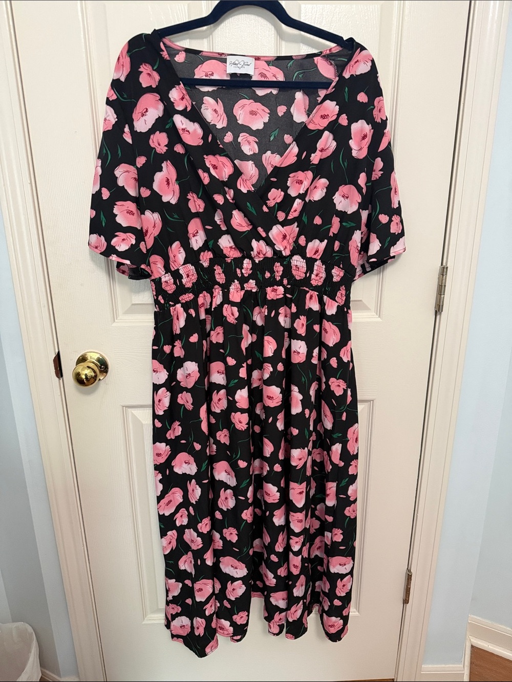 Black Midi Dress with Pink Floral Print and Smocked Waist